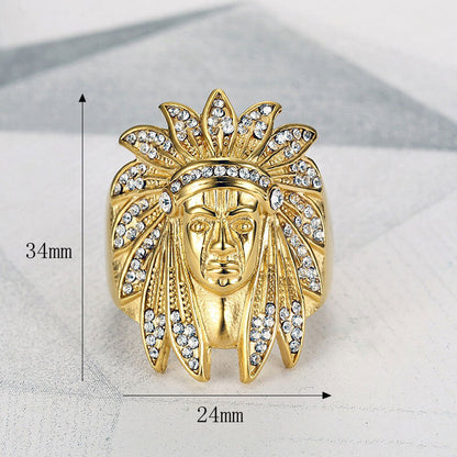 HIPHOP Ring Gold-plated Inlaid Zircon Indian Chief Men's Ring