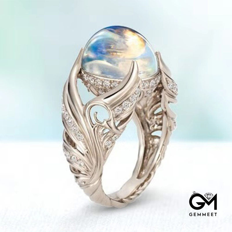 Hollow White Swan Colorful Moonstone Ring