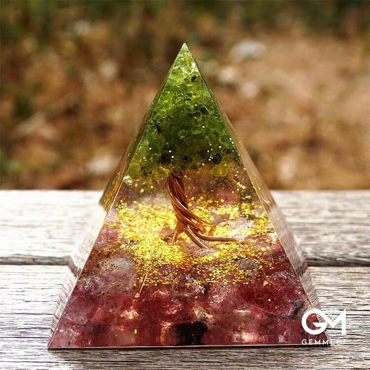 Tree of Life Peridot and Strawberry Quartz Orgone Pyramid