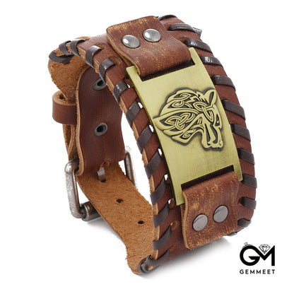 Nordic Wolf Head Leather Bracelet