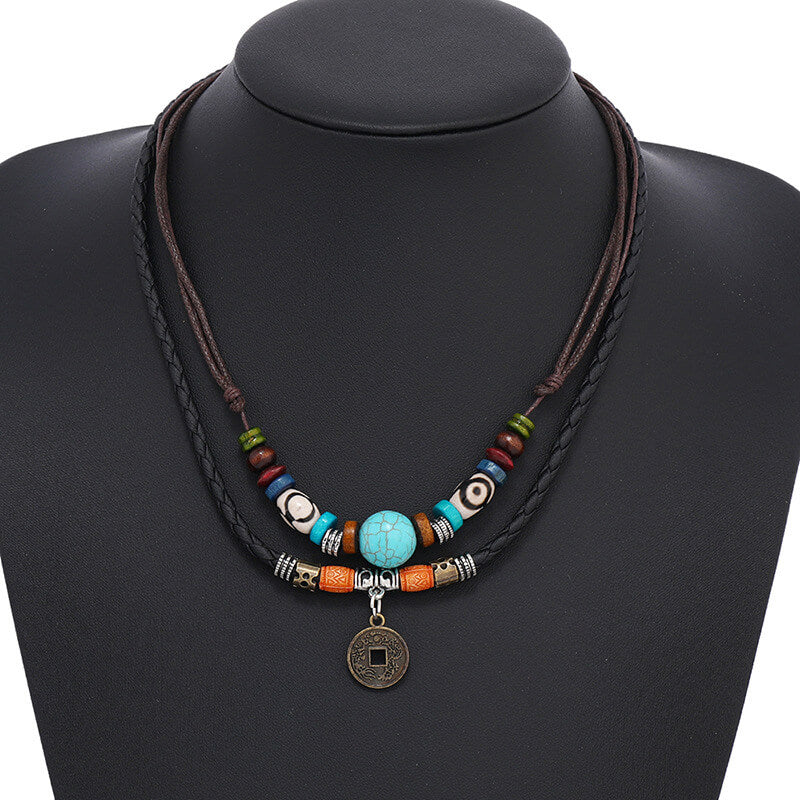 Vintage Layered Turquoise Beaded Braided Leather Antique Coin Pendant Necklace