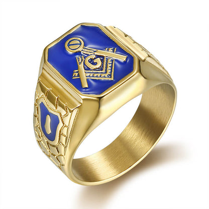 HIPHOP Jewelry Titanium Steel Gold-plated Blue Glue Masonic AG Men's Ring