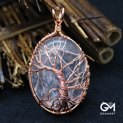 Oval Tiger Eye Tree of Life Stone Necklace