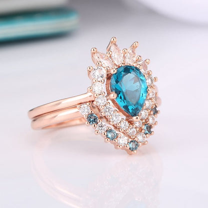 Blue Topaz White Zircon Crystal Design Rose Gold Ring