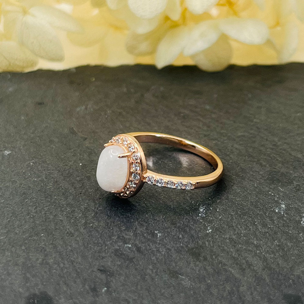 Oval Cut Rose Golden Moonstone Halo Ring