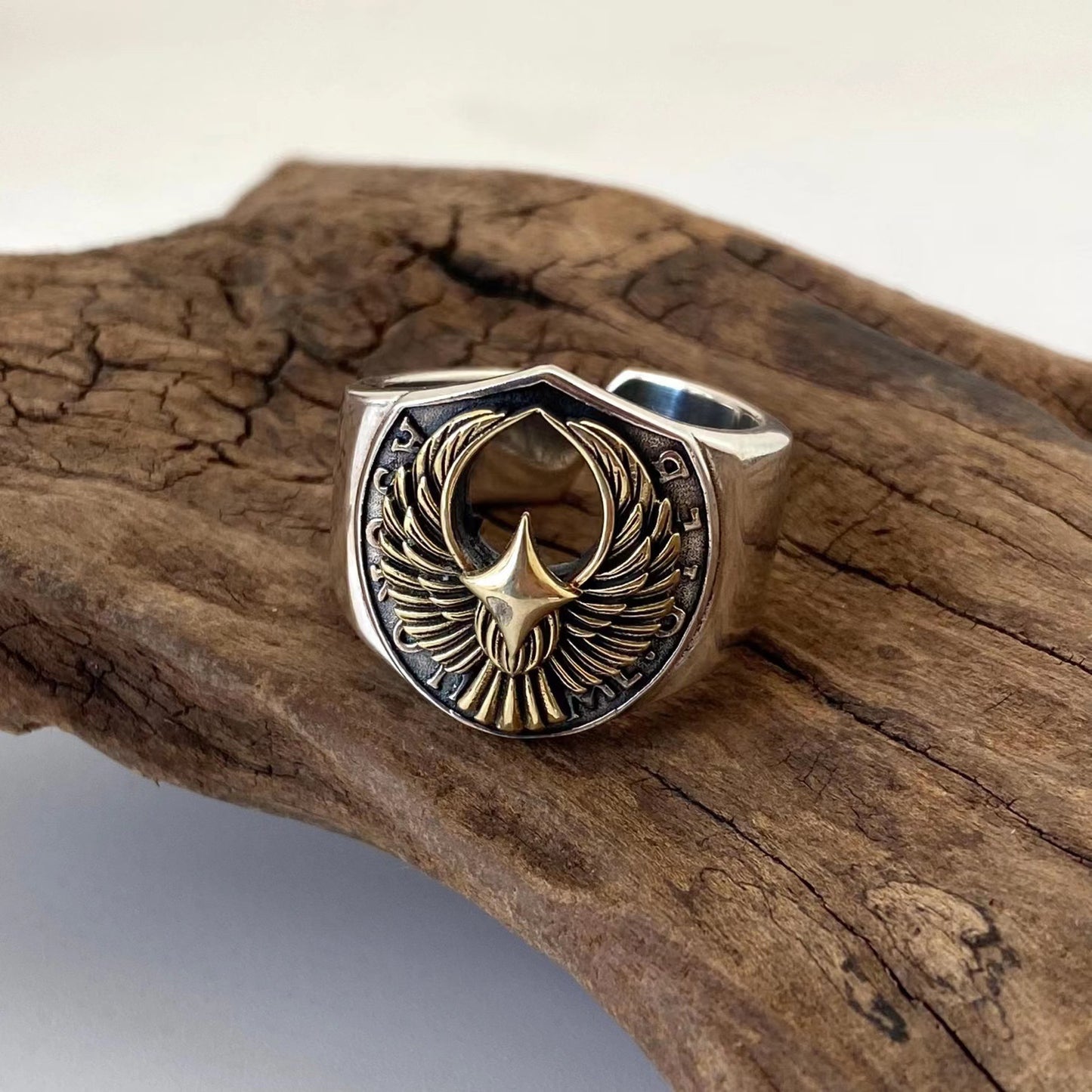 Vintage Letters Flying Eagle Inked Open Ring