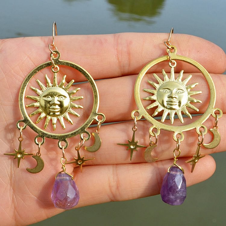 Natural Raindrop Crystal Gold Sun Moon Star Earrings