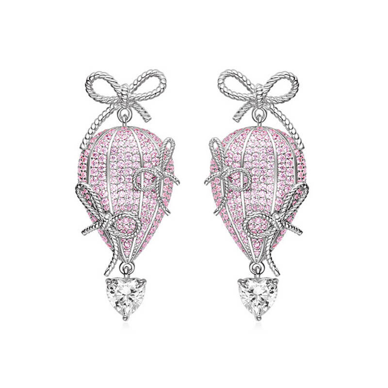 New Heart Hot Air Balloon Earrings Bow White Zircon Pink Zircon Stud Earrings