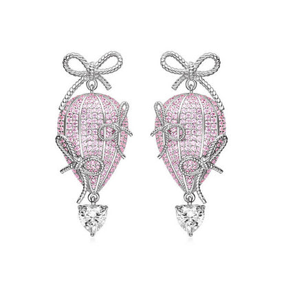 New Heart Hot Air Balloon Earrings Bow White Zircon Pink Zircon Stud Earrings