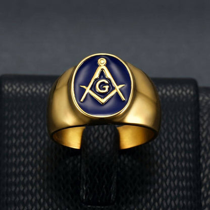 HIPHOP Jewelry Titanium Steel Gold Plated Blue Glue Masonic AG Men's Ring