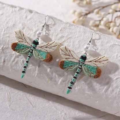 Vintage Dragonfly Fabric Pearl Earrings