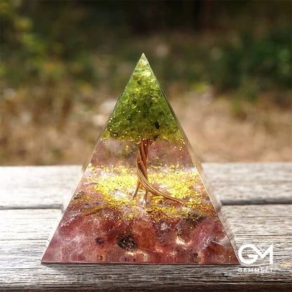 Tree of Life Peridot and Strawberry Quartz Orgone Pyramid