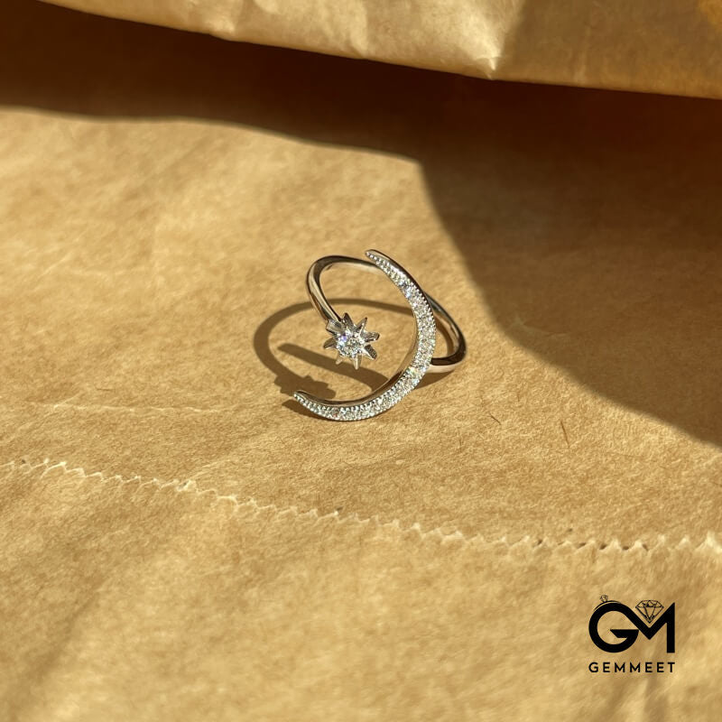 S925 Sterling Silver Moon Star Open Ring