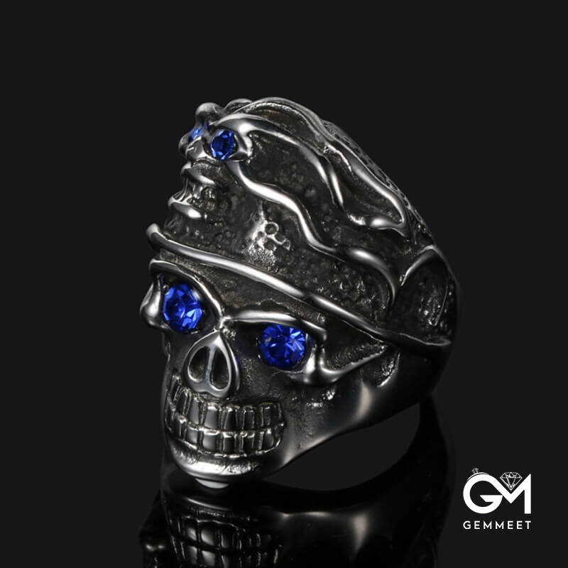 Double Skull Blue Eye Stainless Steel Ring