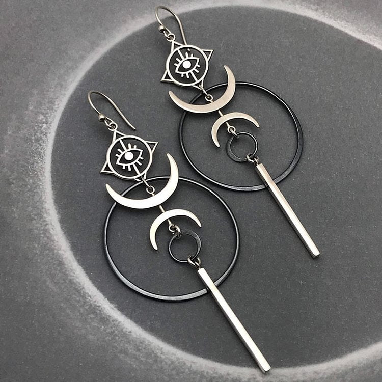 Geometric Round Crescent Evil Eye Witch Long Earrings