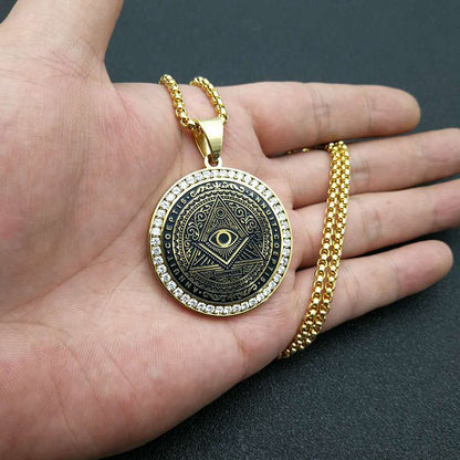 Titanium Steel Gold Plated Micropaved Zirconia Masonic Illuminati Pendant