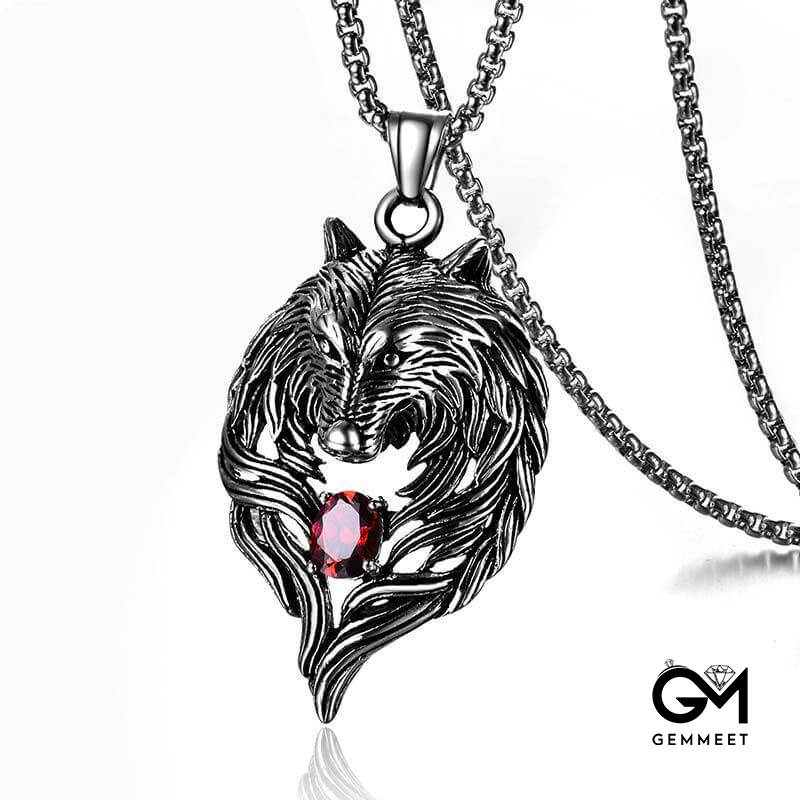 Titanium Steel Red Blue Zircon Wolf Head Necklace