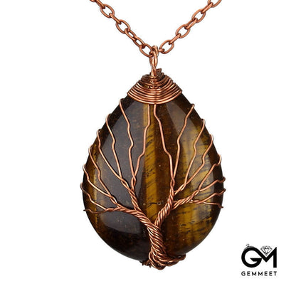 Wrapped Silk Tree of Life Tiger Eye Water Drop Necklace