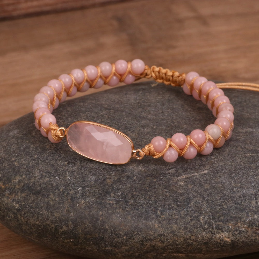 Pink Cut Flour Diamond Bead Double Woven Bracelet