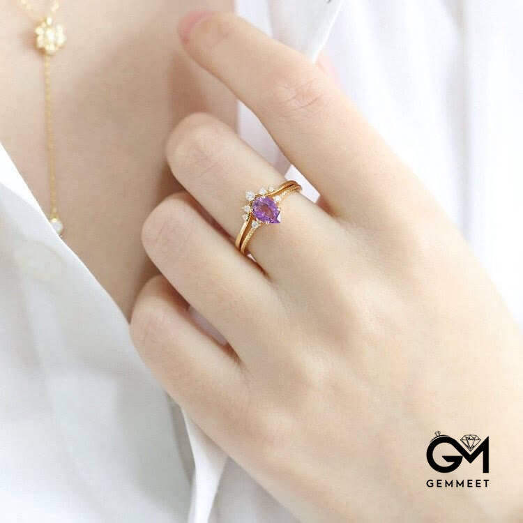 Teardrop Amethyst White Zircon Ring Set