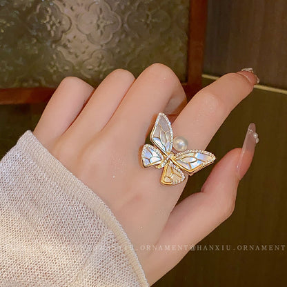 Gold plated pearl butterfly ring