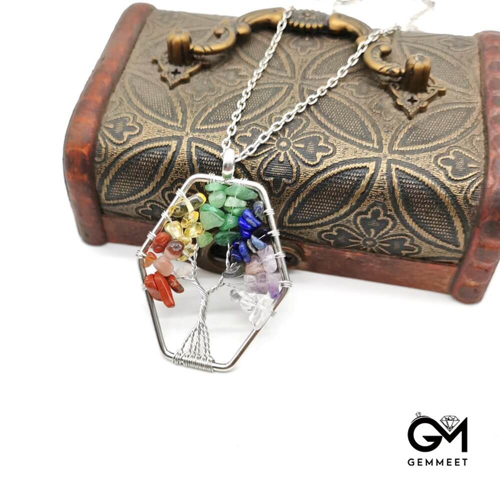 Crystal Wrapped Tree of Life Geometric Necklace