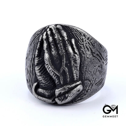 Stainless Steel Clasped Hands To Worship Buddha Ring