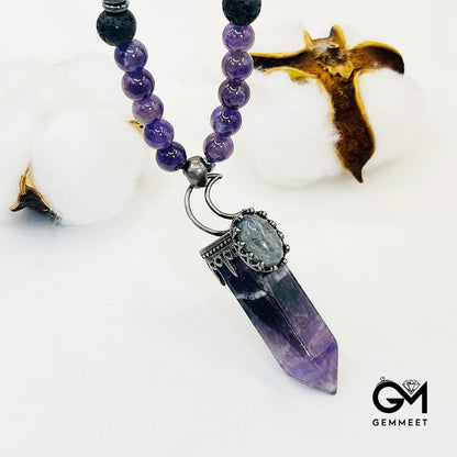 Amethyst Hexagon Prism Pendant Mala Necklace