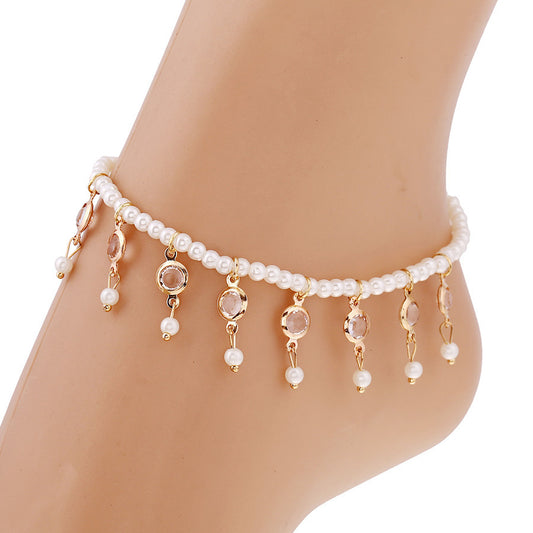 Bohemia Dangle Crystal Pearl Link Adjustable Anklet