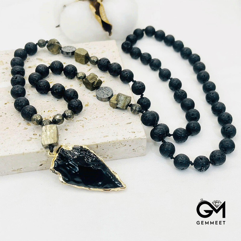 Obsidian Arrow Pendant Rosary Necklace