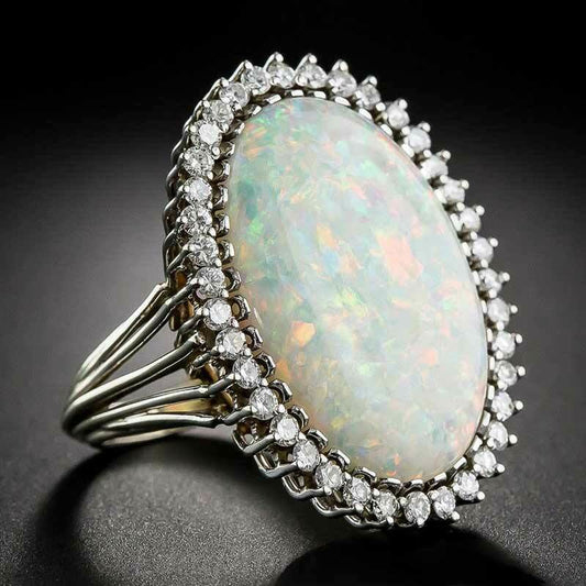 Oval White Opal Wedding Ring