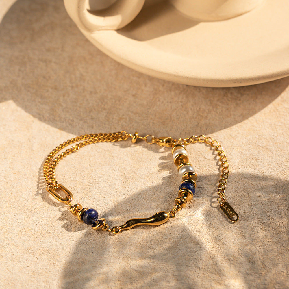 Stainless Steel Pearl Lapis Lazuli Bracelet