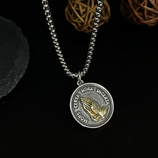 Men's Prayer Hand Metal Coin Necklace