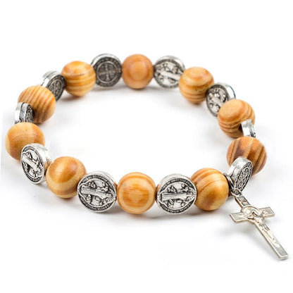 Natural Wood Stretch Cord Alloy Cross Rosary Bracelet