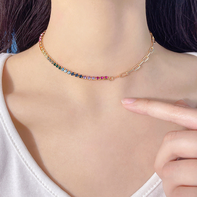 Colored Zircon Chain Spliced Metal Necklace