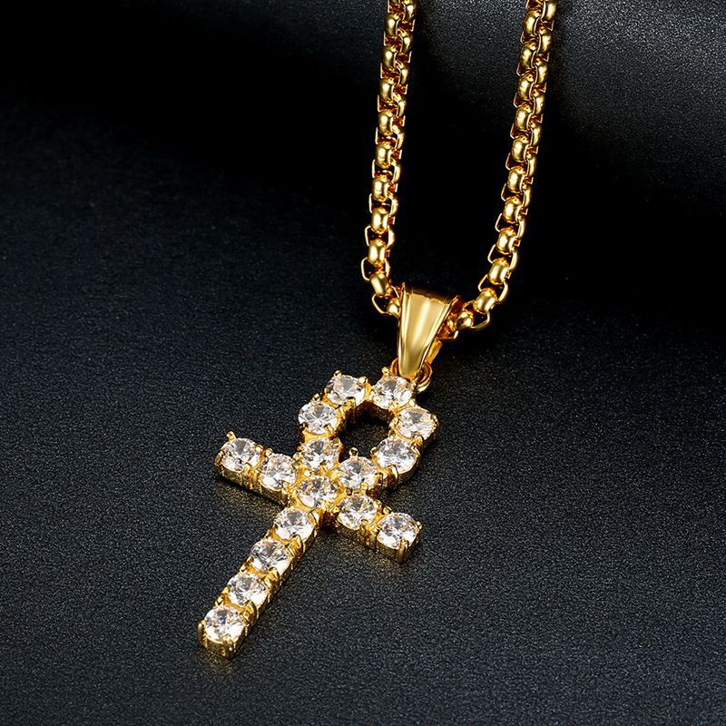 Hip Hop Jewelry Gold Plated Zirconia Ankh Cross Pendant