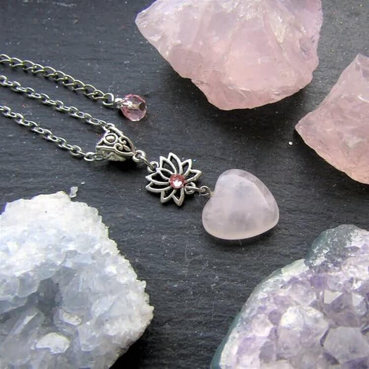 Love" Rose Quartz Heart Shape Lotus Necklace