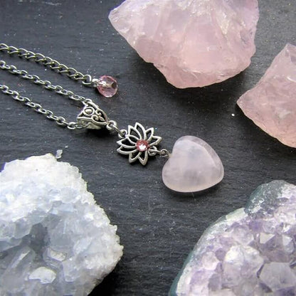 Love" Rose Quartz Heart Shape Lotus Necklace