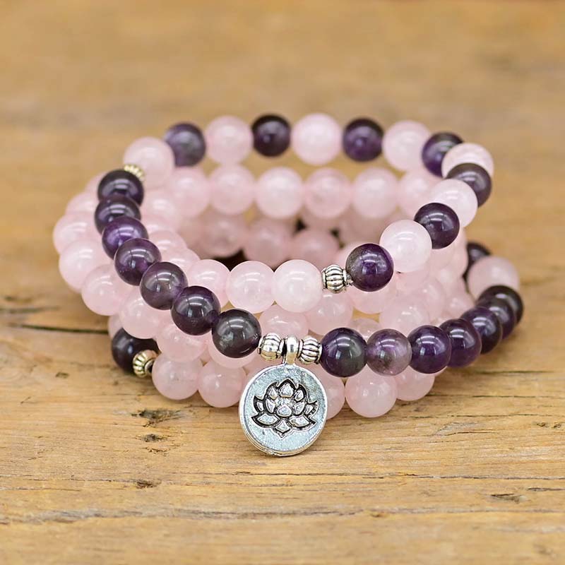 Amethyst Rose Quartz Lotus Symbol Bracelet Necklace