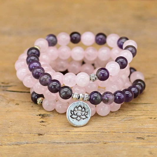 Amethyst Rose Quartz Lotus Symbol Bracelet Necklace