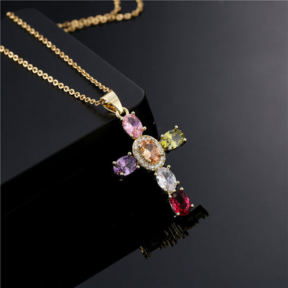 Full Oval Cut Stones Cross Shape Chain Necklace