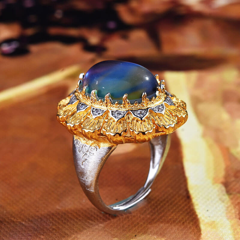 Oval Cut Blue Moonstone Sunflower Ring