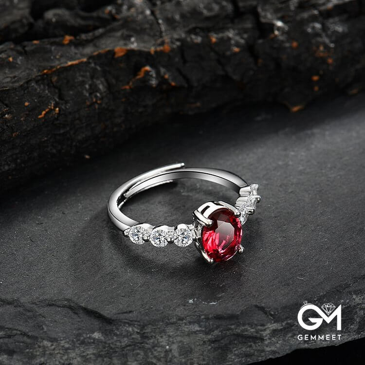 Oval Ruby Quartz Zircon Adjustable Ring