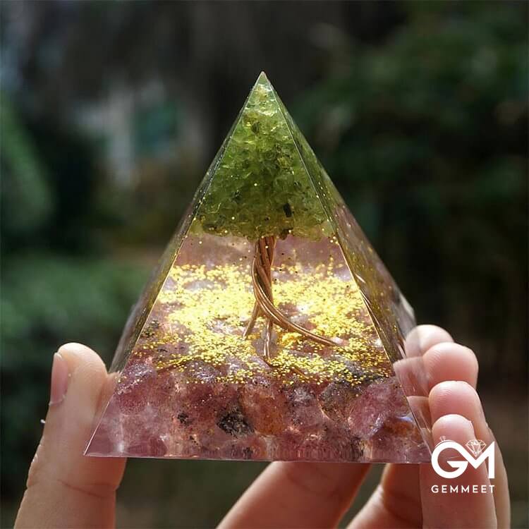 Tree of Life Peridot and Strawberry Quartz Orgone Pyramid