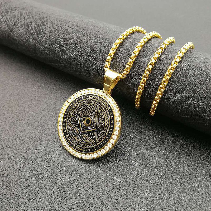 Titanium Steel Gold Plated Micropaved Zirconia Masonic Illuminati Pendant