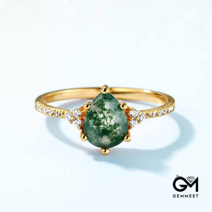 Moss Agate White Zircon Six Claw Ring