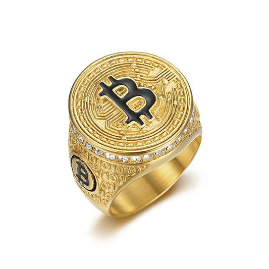 Hip-hop Ring Titanium Steel Gold-plated Inlaid Cubic Zirconia B Letter Bitcoin HIPHOP Men's Ring