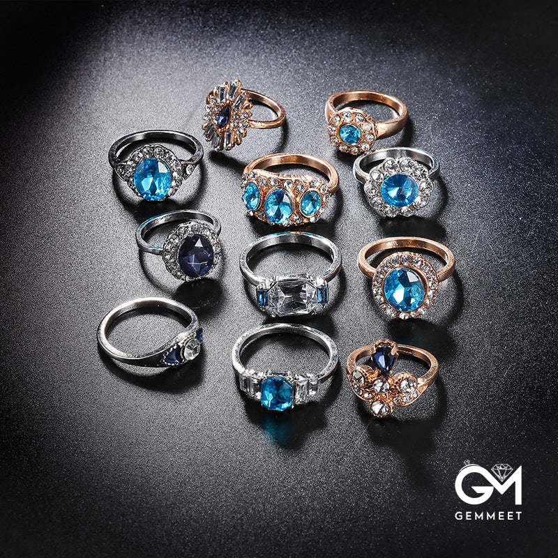 Luxury Sapphire Gold and Silver 11-Piece Ring Set