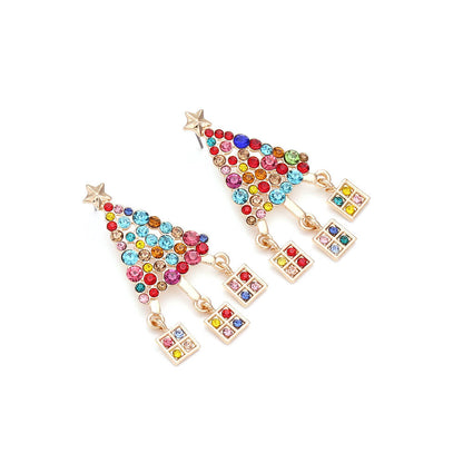 Christmas Color Zircon Christmas Tree Earrings Personalized Creative Alloy Inlaid Zircon Five-pointed Star Gift Box Earrings