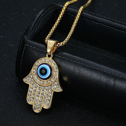 HIPHOP Gold Plated Zircon Blue Eyes Hand of Fatima Pendant